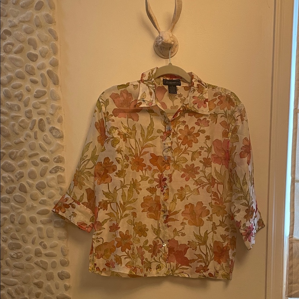 Coldwater Creek Floral Sheer Blouse - Orange and Green